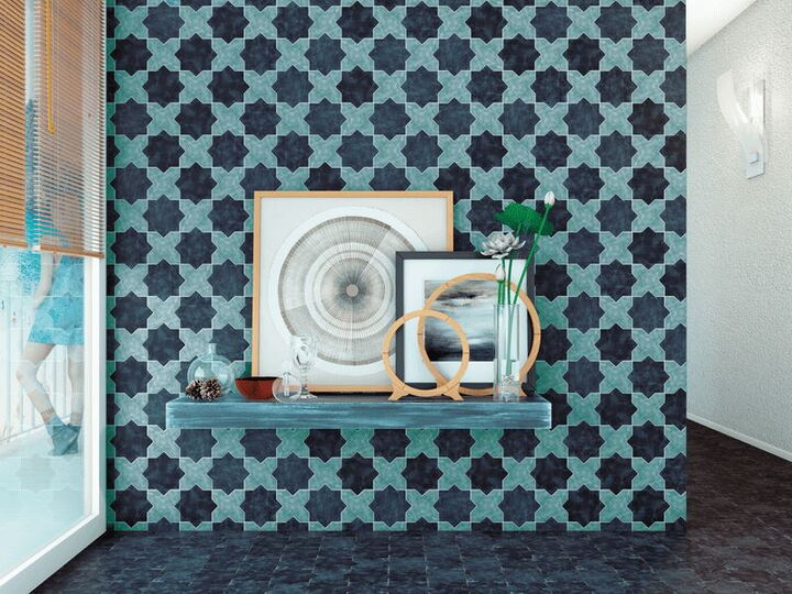 Eine Wand mit Boden- und Wandfliesen CEVICA BECOLORS in Stern- und Kreuzform in Blue und Lagoon