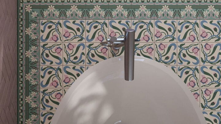 Gemusterte Bodenfliesen grün, rosa, blau, Jugendstil