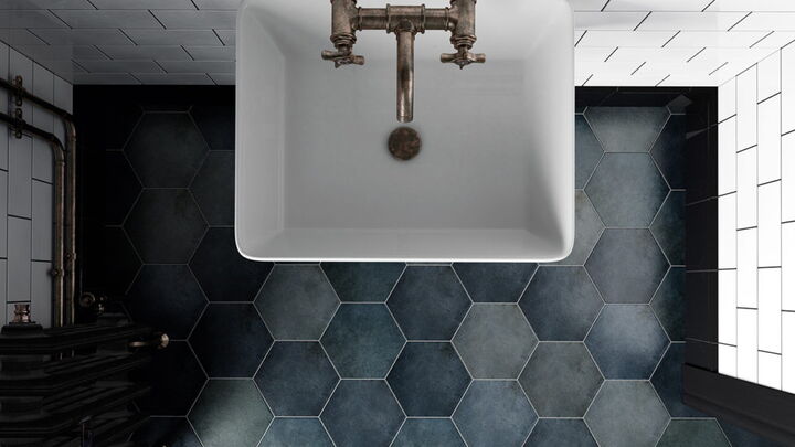 Bodenfliesen Heritage 17,5 x 20 cm sechseckig Zementoptik Blau